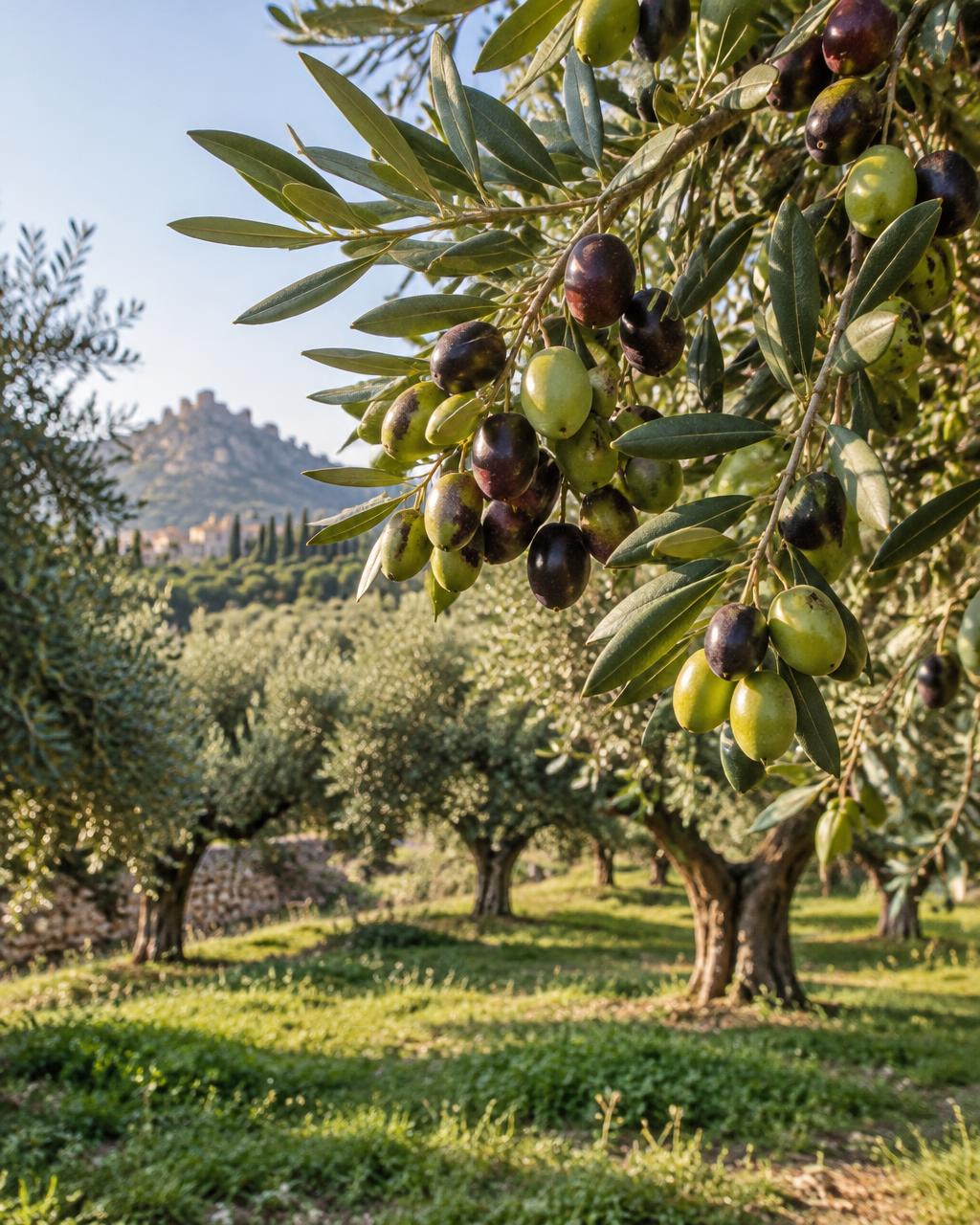 Immagine illustrativa di olive verdi e violacee sui rami